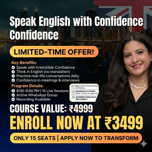 This is an promotional poster featuring Dr. Shruti Soni, Founder & CEO of SkillsPersonified and a Corporate Communication Coach. The poster advertises her "Speak English with Confidence" course, beginning on June 1st, 2026. Key course benefits include unshakeable confidence, global impact, thinking in English, real-life conversation practice, and improved confidence in meetings and interviews. The course structure details 15 live sessions, an active WhatsApp group, and recorded sessions. Dr. Soni's professional background is prominently displayed, along with a course price of ₹3499, a savings on the regular value. A strong call to action encourages viewers to apply now due to a limited number of 15 seats.